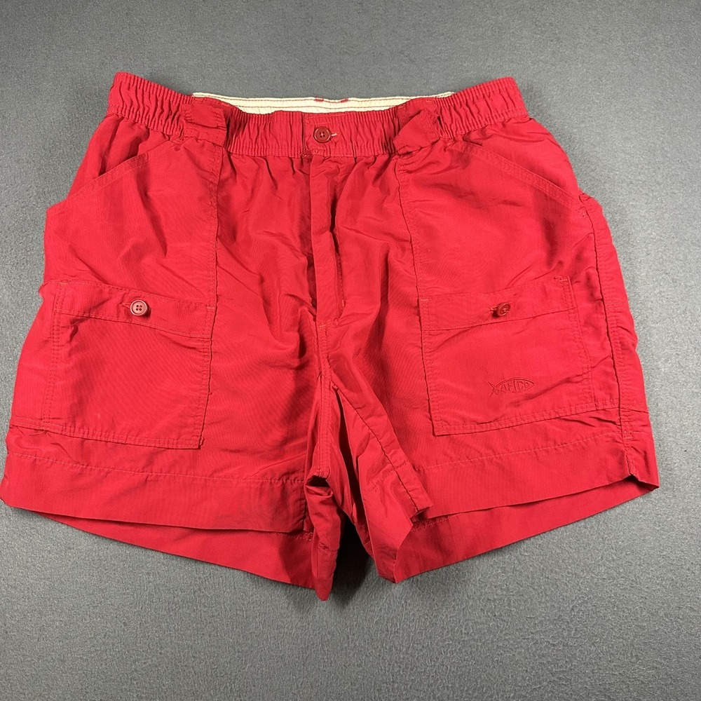 AFTCO Fishing Shorts Mens 34 Red Nylon Elastic Waist Pockets 6 Inseam *FLAW